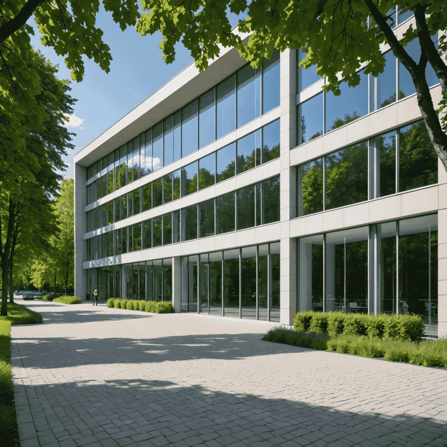 Modernes Bürogebäude in München mit großen Glasfenstern und einer offenen, einladenden Eingangshalle. Das Gebäude ist umgeben von grünen Bäumen und spiegelt den Himmel in seiner Glasfassade wider.