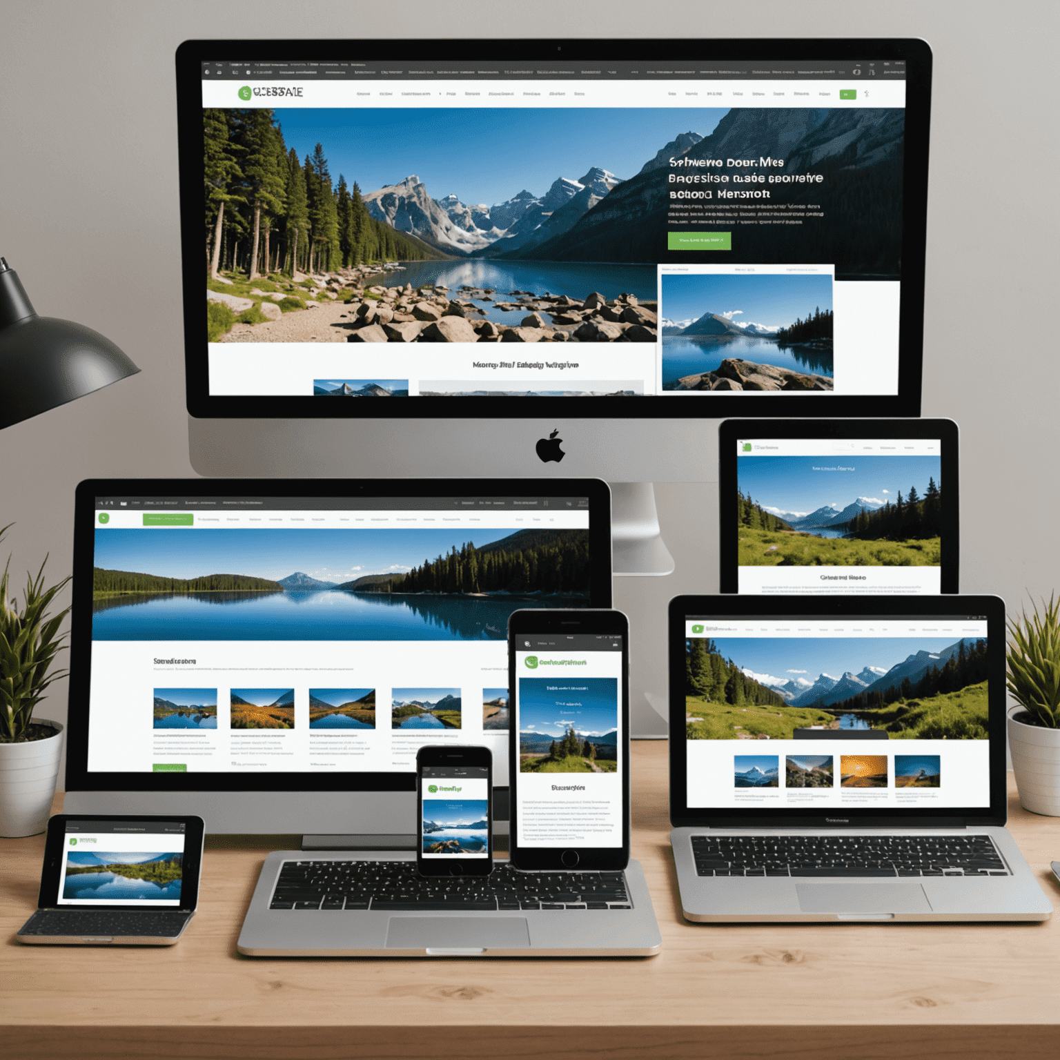 Eine Collage von verschiedenen Geräten (Smartphone, Tablet, Laptop und Desktop-Computer), die alle die gleiche Website in angepasster Form zeigen, um das Konzept des responsiven Designs zu veranschaulichen