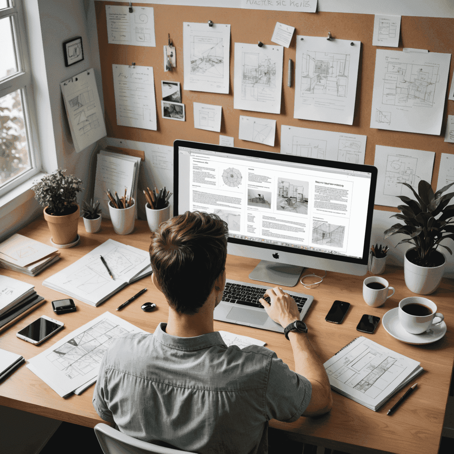 Eine Person, die an einem Schreibtisch sitzt und an einem Webdesign-Projekt arbeitet, umgeben von Notizen und Skizzen