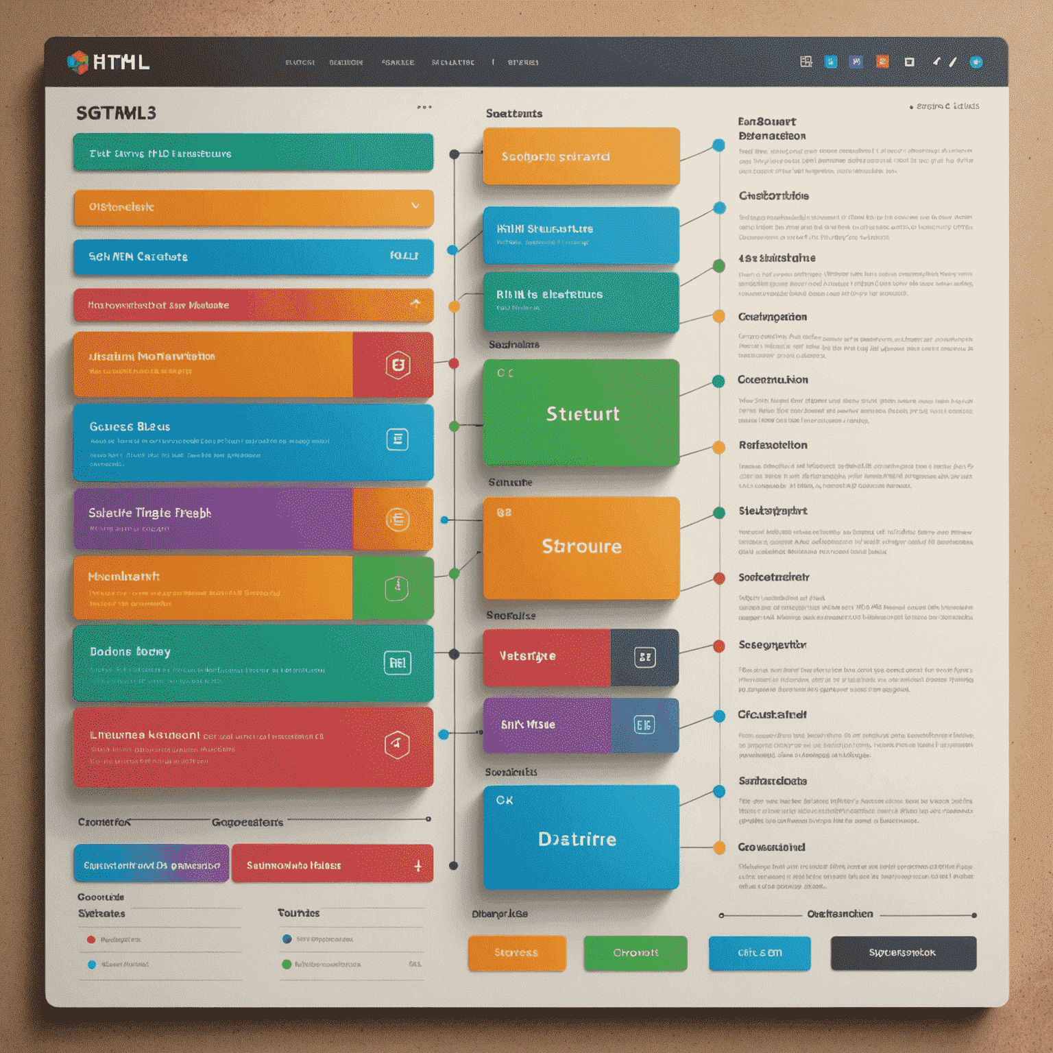 Visuelle Darstellung von HTML-Struktur und CSS-Styling, mit Codebeispielen und farbigen Boxen, die verschiedene Elemente einer Webseite repräsentieren