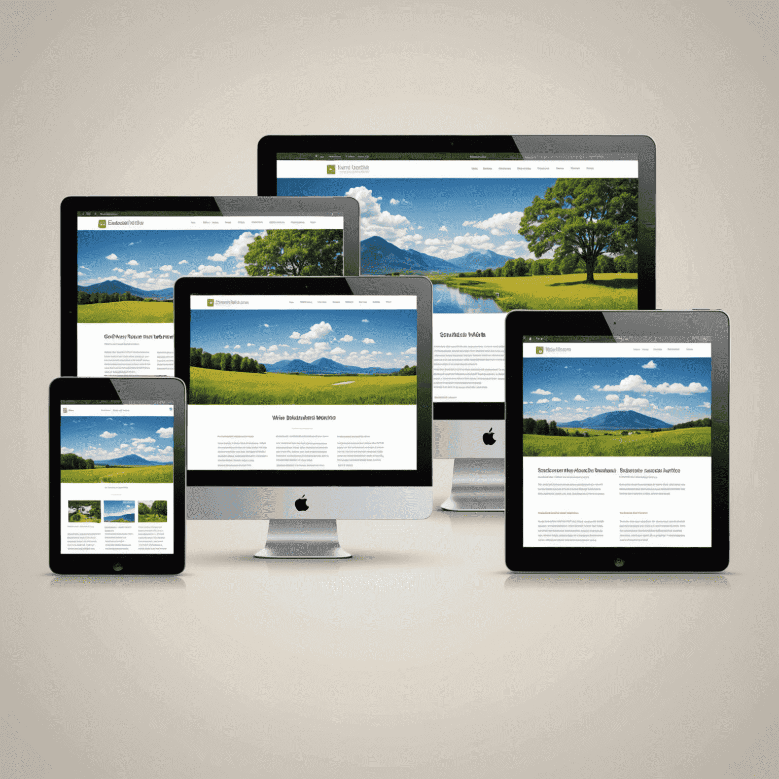 Illustration eines responsiven Webdesigns mit der gleichen Website auf verschiedenen Geräten: Desktop, Tablet und Smartphone, die sich nahtlos anpasst